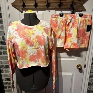 Lucky Brand Tie-Dye Sweatshirt and Shorts Set - Pink and Yellow